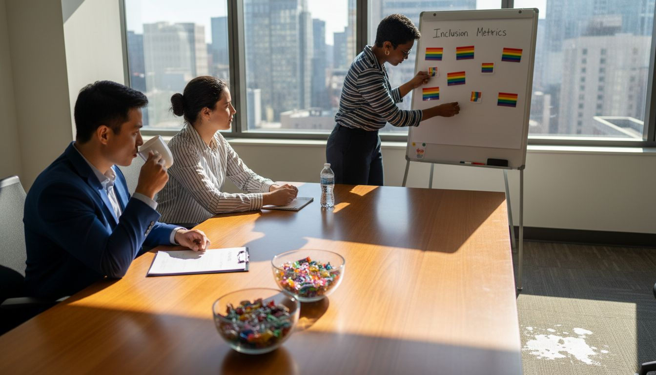 Team adding Pride decorations in meeting room