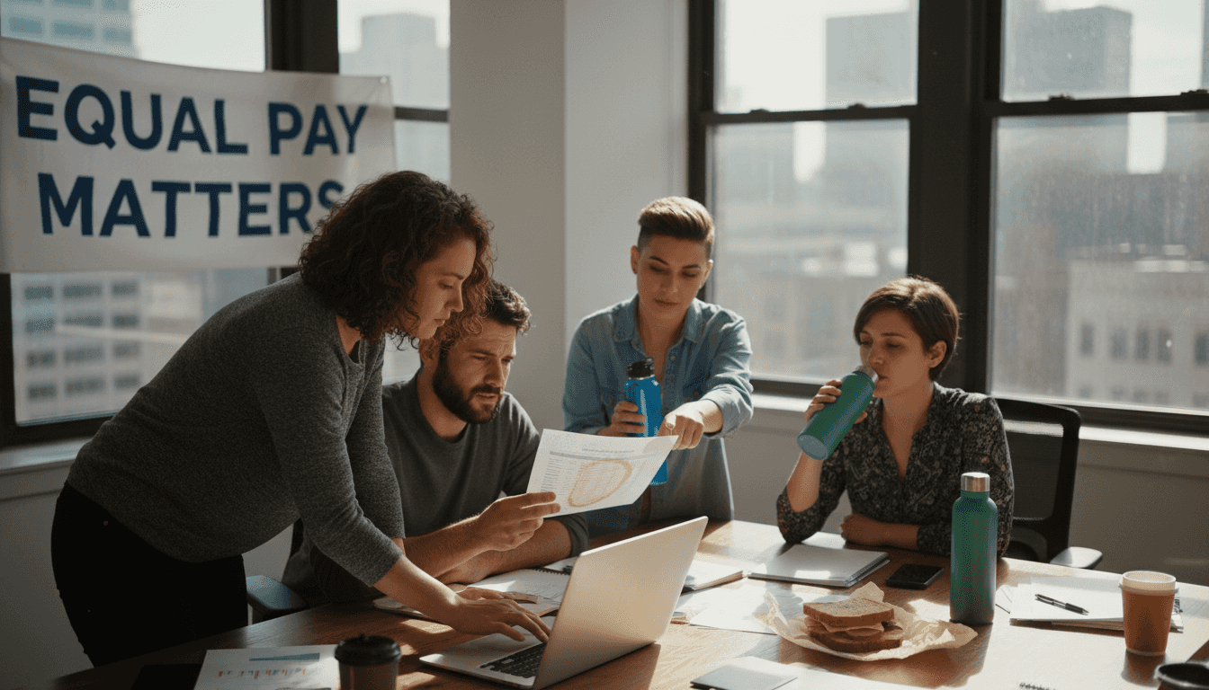 Diverse professionals review salary data together