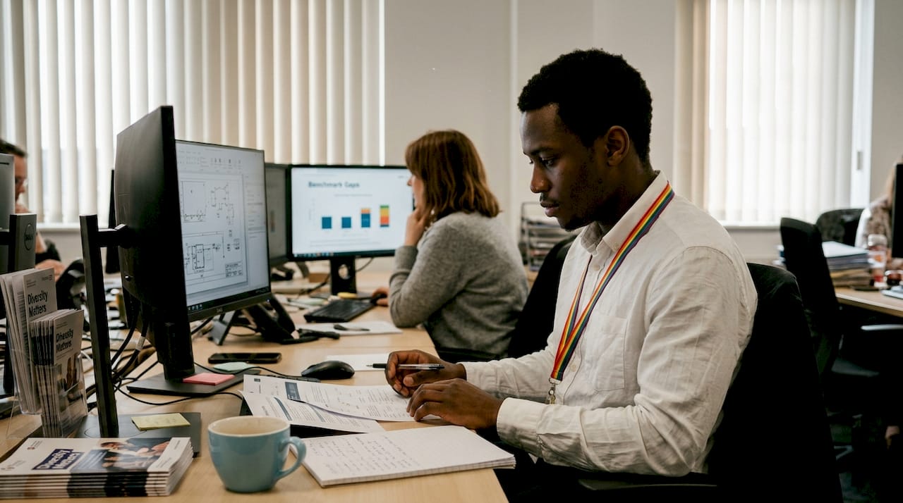 Professional reviewing diversity benchmarks at desk