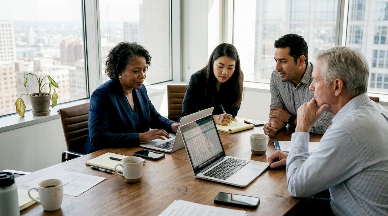 Diverse colleagues reviewing spreadsheet in office