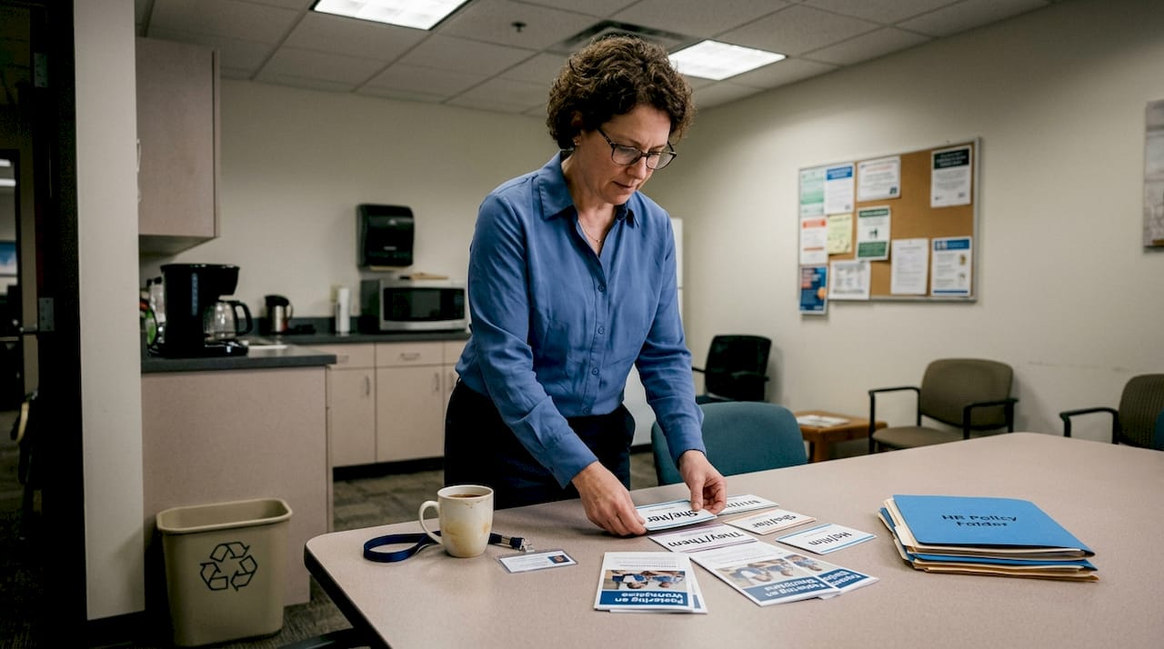 HR manager preparing pronoun badges and materials