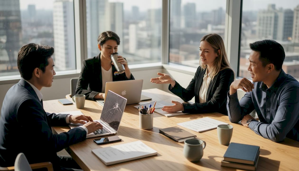 Diverse team meeting in city office