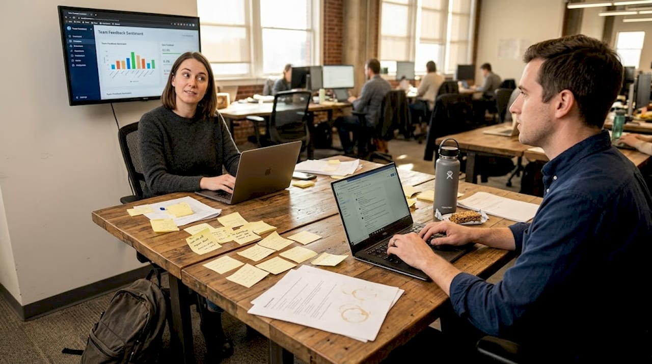 Workers collaborating and sharing ideas openly