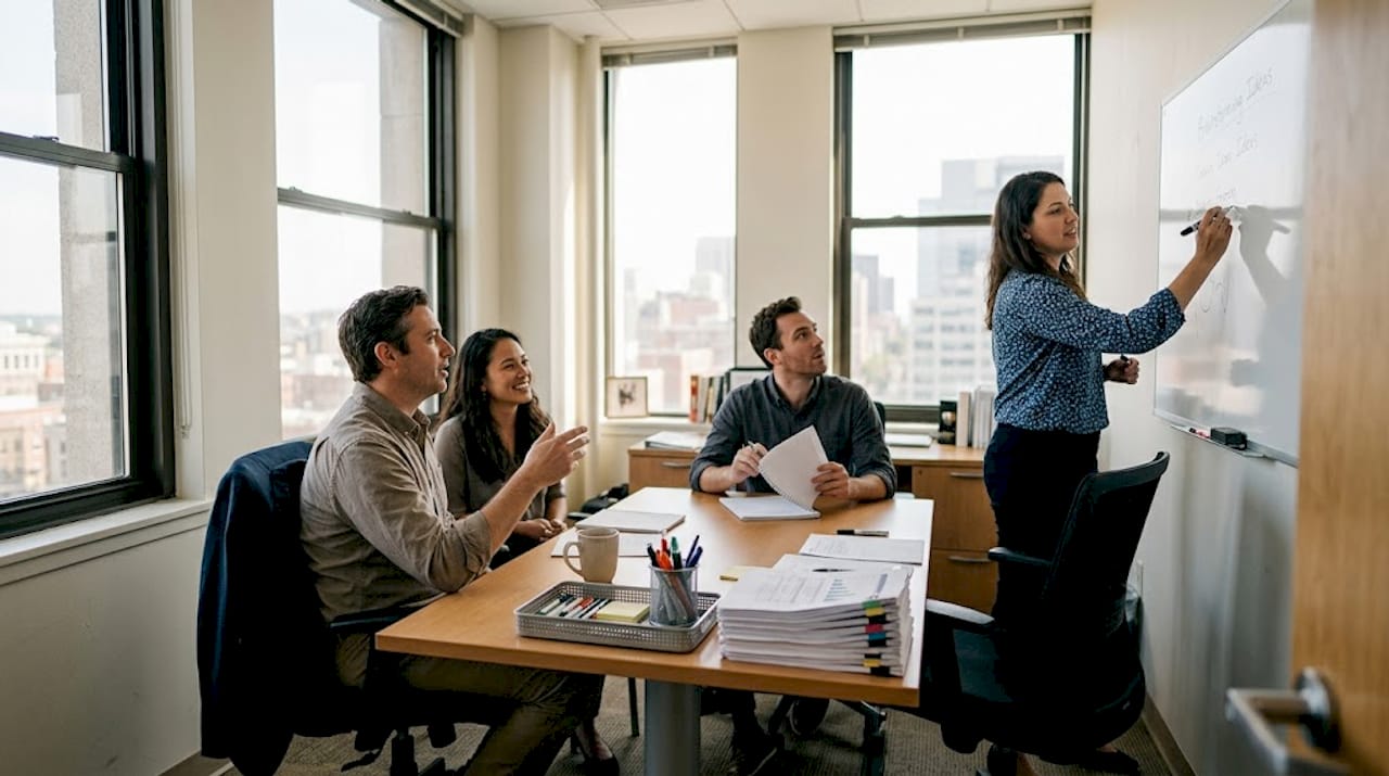 Diverse team in office brainstorming together
