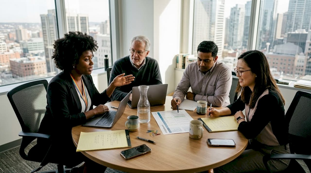Diverse workplace team discussing inclusion metrics