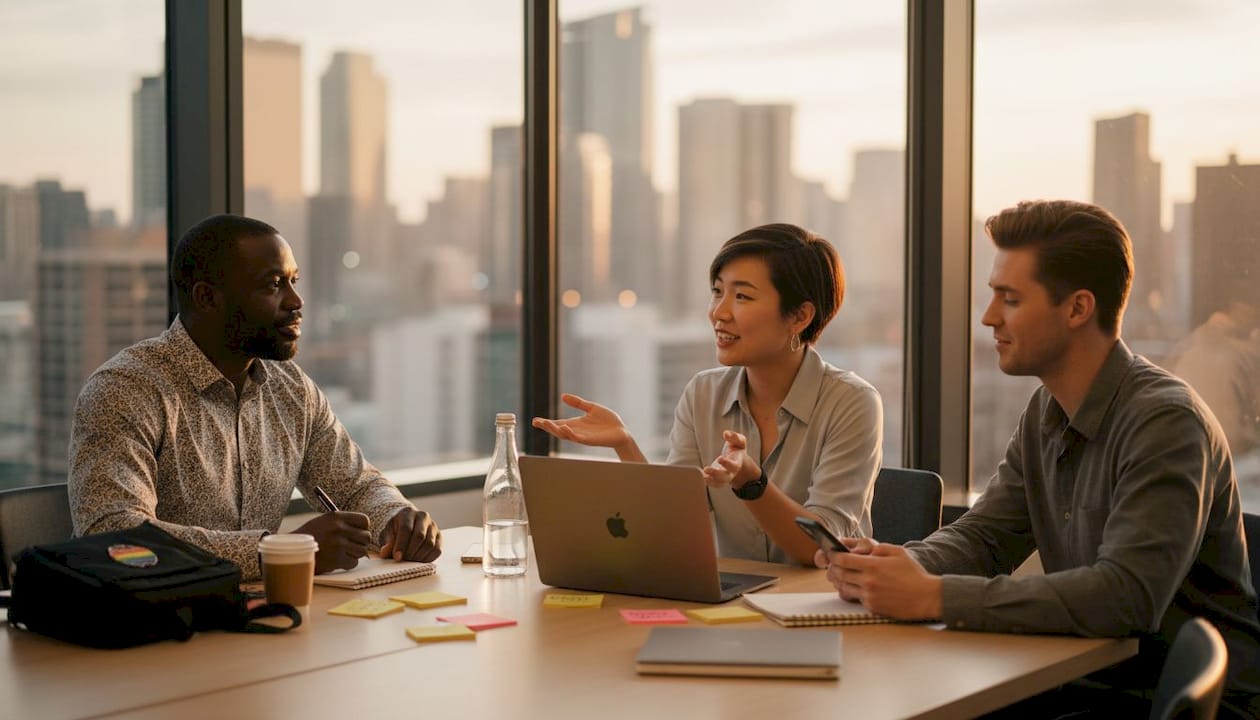 Diverse hiring team collaborating in office
