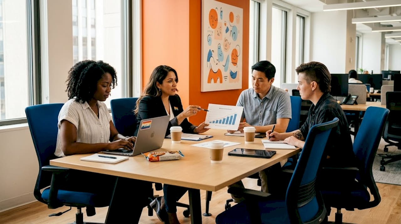 Diverse team collaborating at office table
