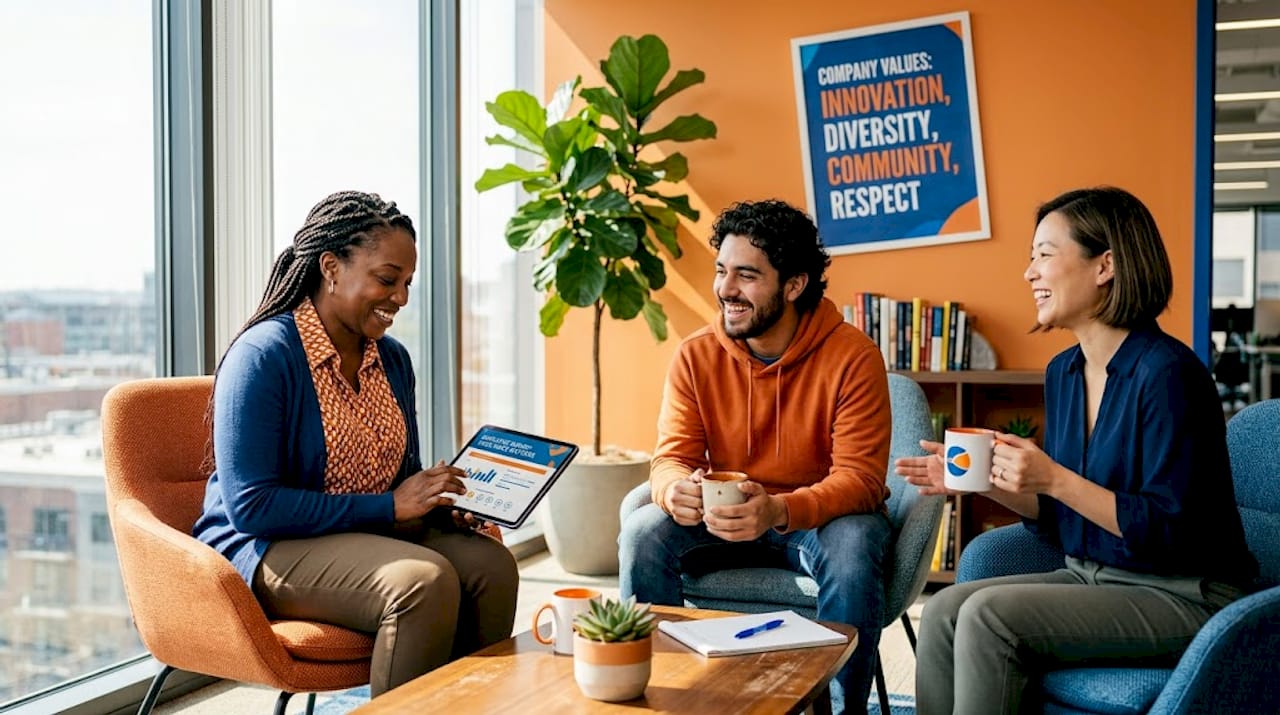 Employees chatting in welcoming office lounge