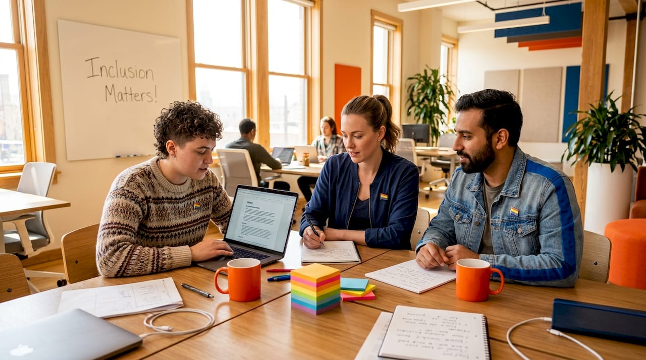 Three colleagues working in open-plan inclusive office