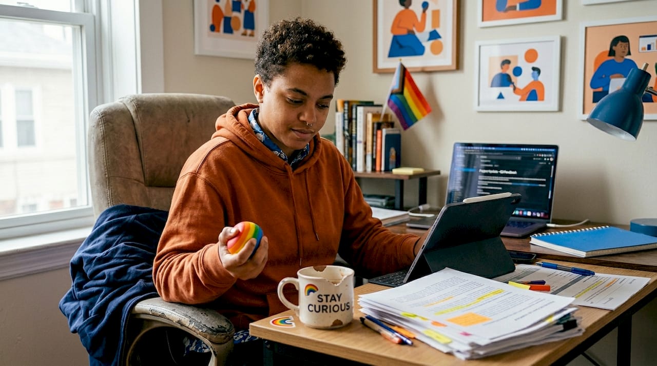 Young person reading email at home desk