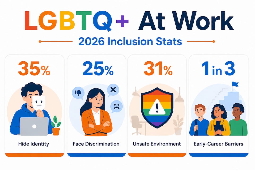 Infographic shows four LGBTQ+ workplace statistics