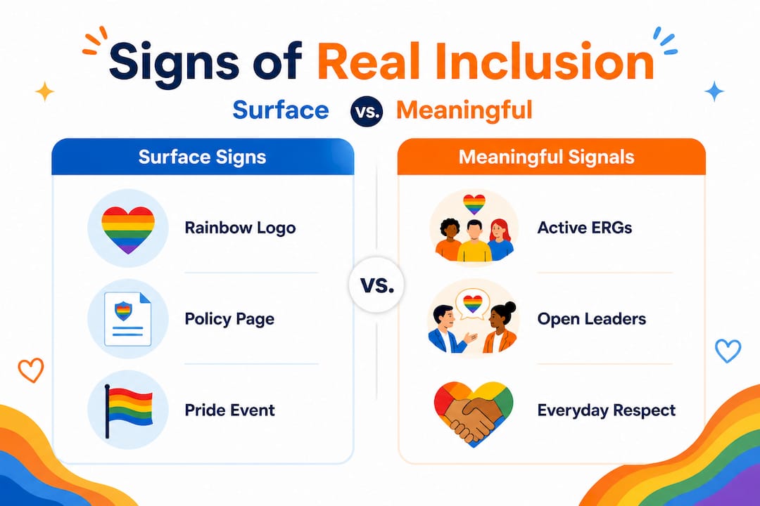 Infographic showing surface vs meaningful LGBTQ workplace signals