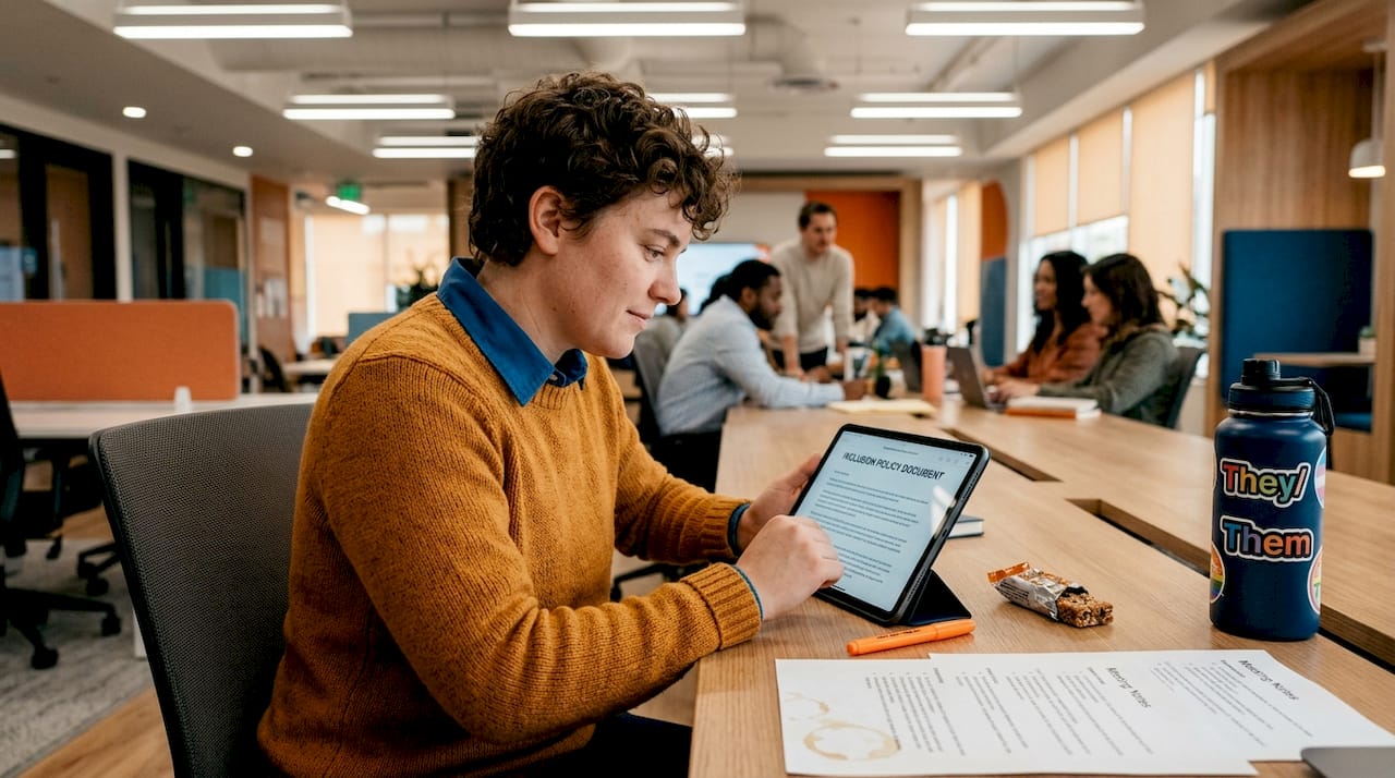 Person reviewing workplace inclusion policy tablet