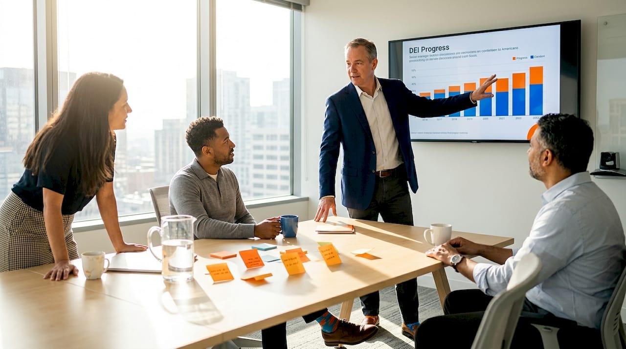 Leader guiding diverse team in corporate DEI strategy