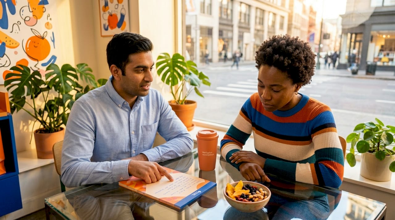 Colleagues exchanging feedback in casual workspace