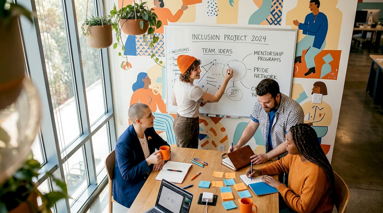 LGBTQ professionals meeting in bright workspace