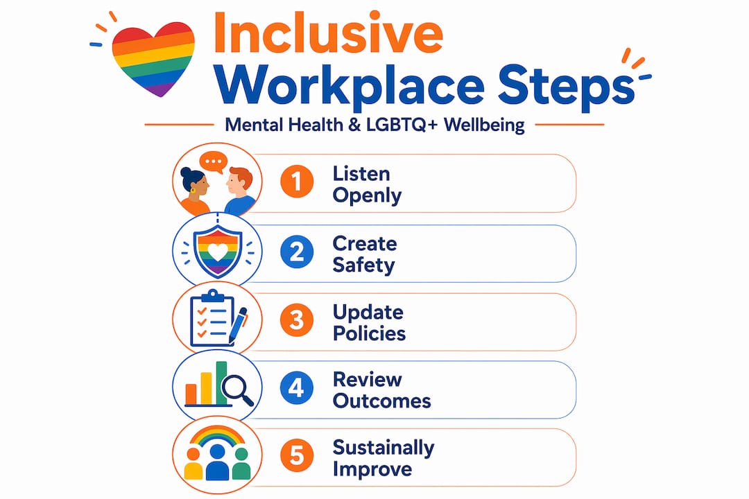 Infographic showing steps to mental health inclusion
