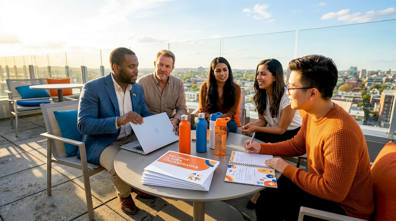 Diverse coworkers in bright meeting room collaborating
