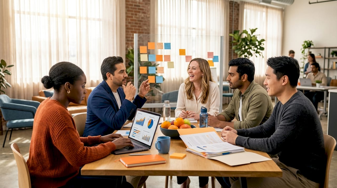 Diverse team discussing diversity data at table