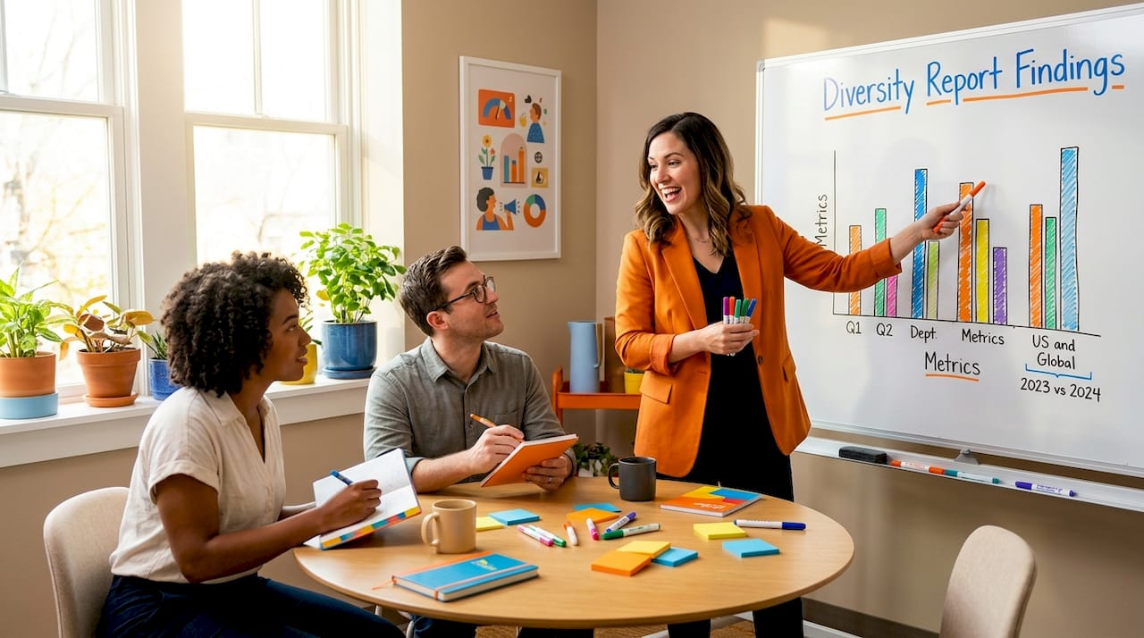 Manager sharing diversity report with colleagues