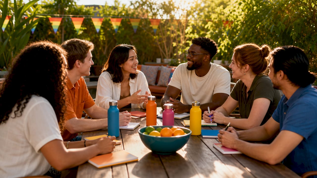 Diverse employee network meeting around table
