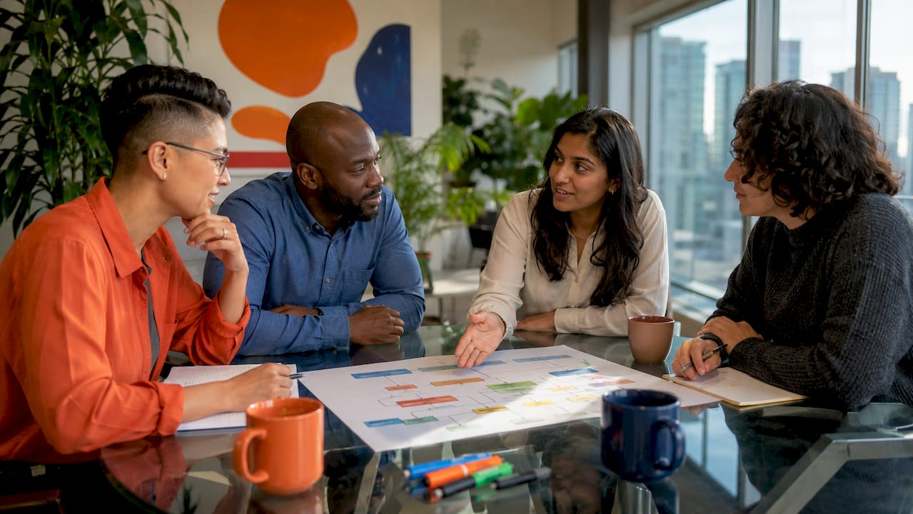 Diverse HR team collaborating around table
