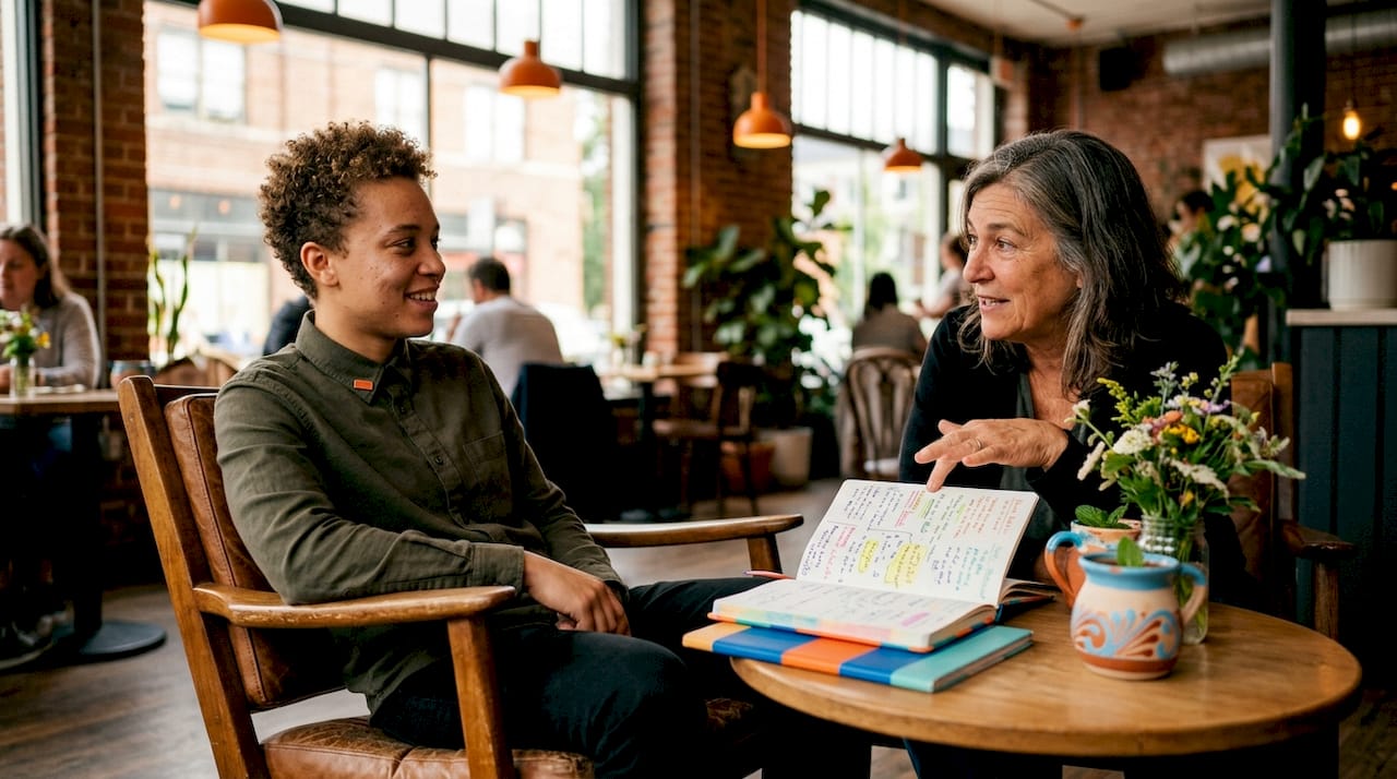 Mentorship conversation in coworking space