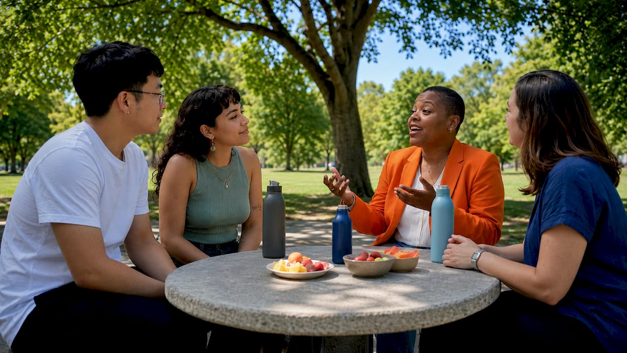 Diverse LGBTQ+ grads in career discussion