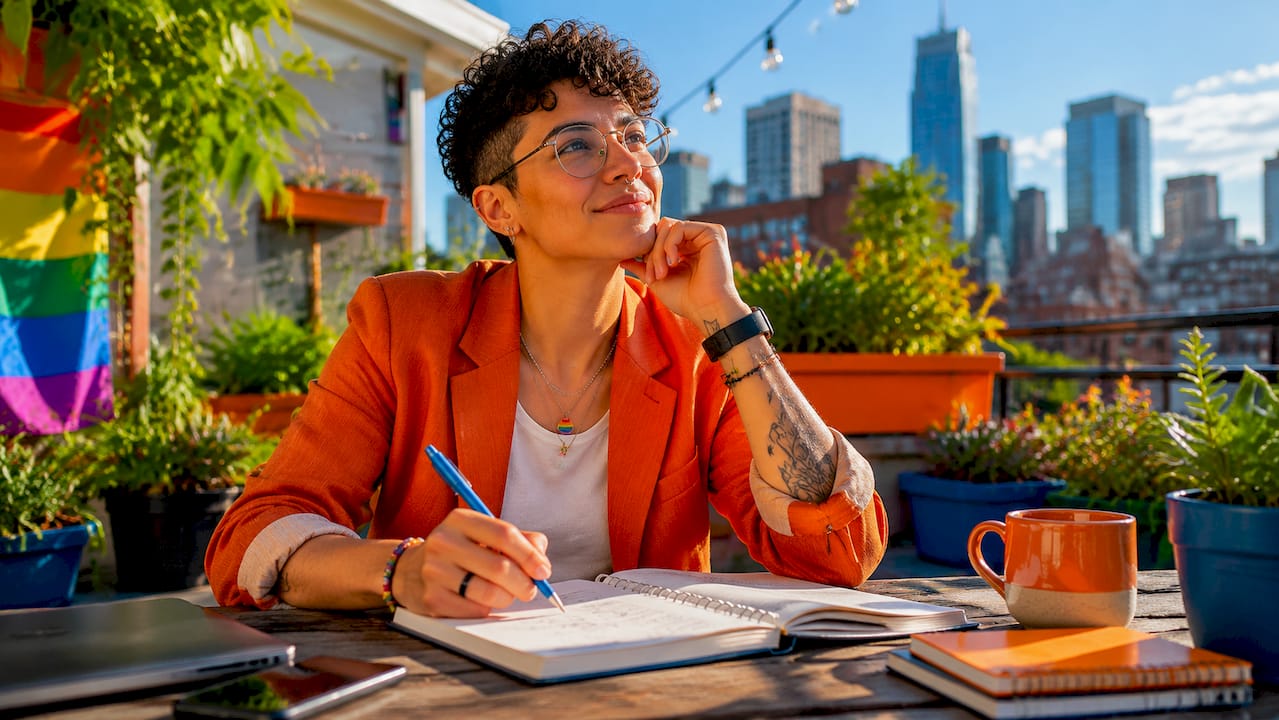 LGBTQ+ professional working visibly in office