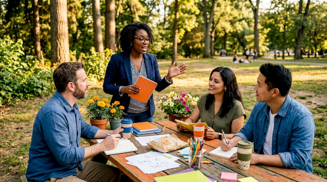 Diverse employees engaging in workplace pride meeting