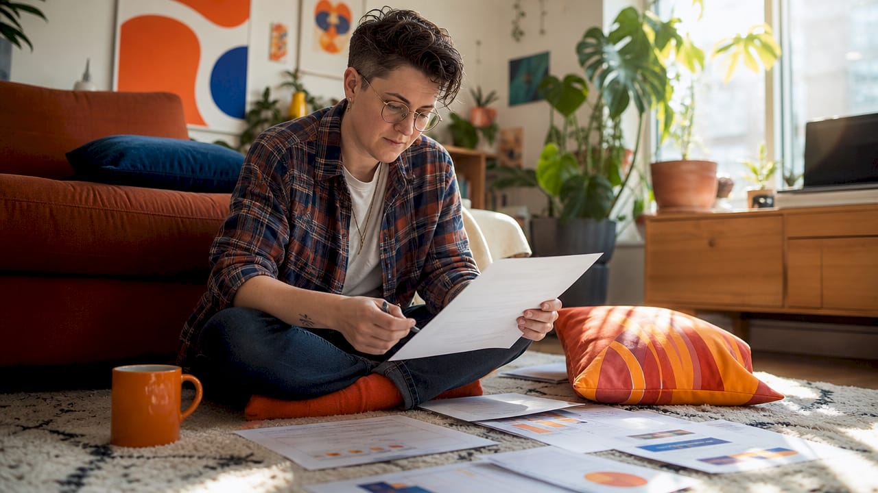 Nonbinary person planning career pivot at home desk