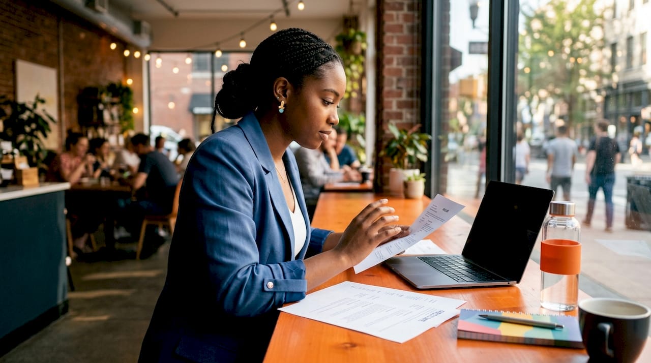 Diverse HR manager reviewing resumes at desk