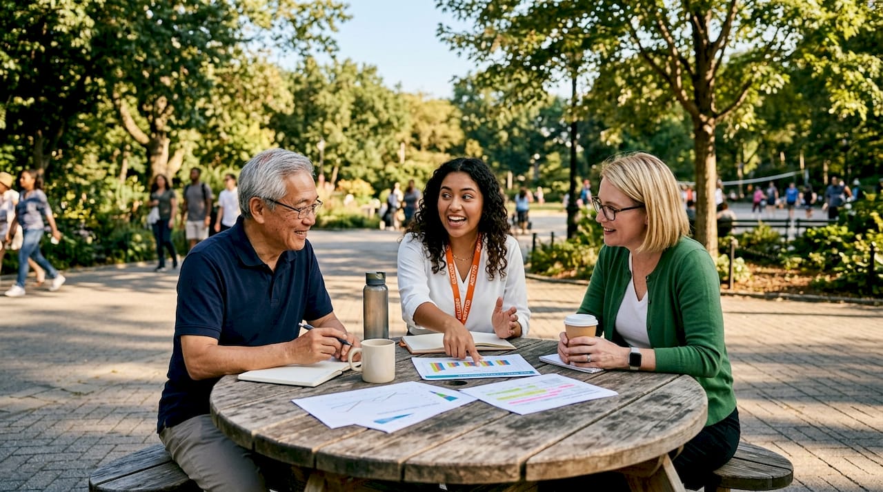 Multiracial team discussing social impact hiring benefits