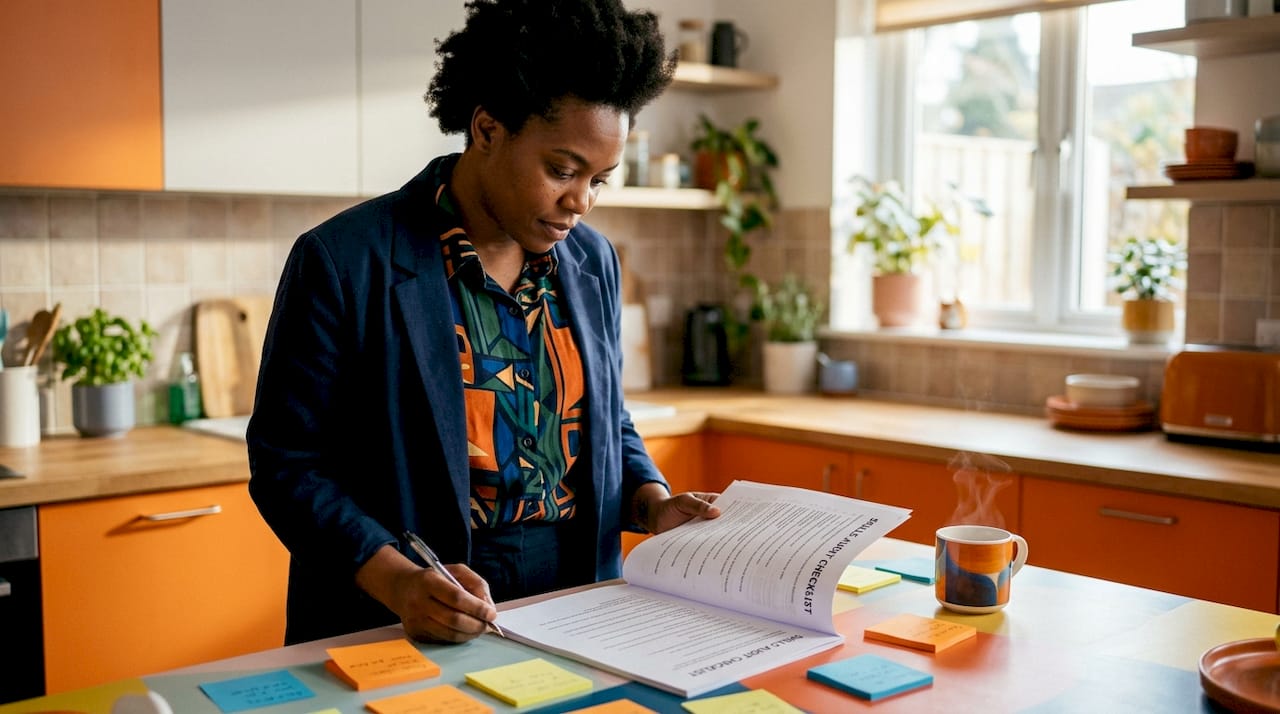 Nonbinary professional reviewing skills audit at desk