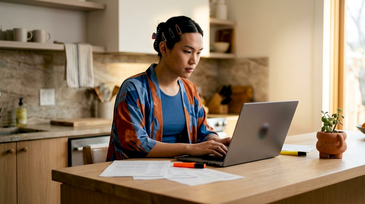 Transgender woman updating resume in coworking space