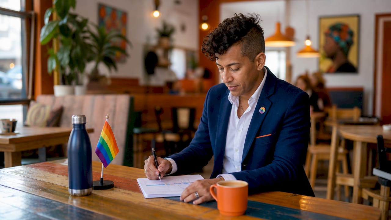 LGBTQ+ professional reviewing career plans at office desk