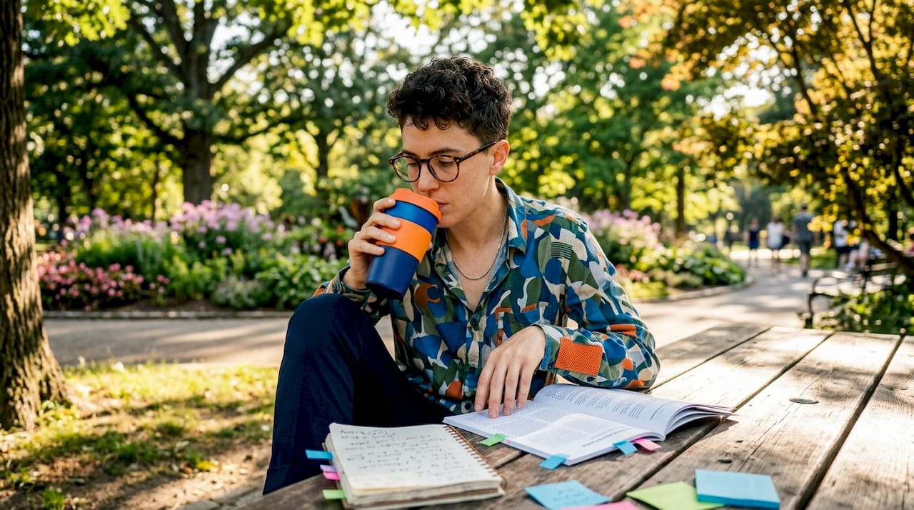 Queer professional planning career abroad on balcony