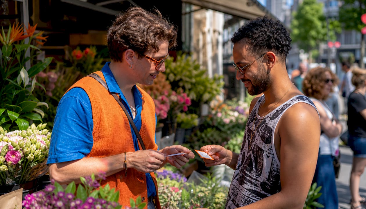 LGBTQ+ expats networking in outdoor café Amsterdam