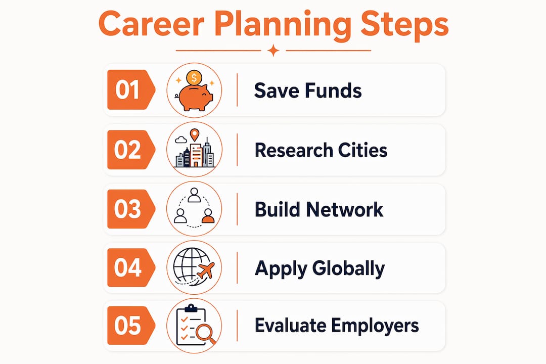 Infographic illustrating steps to plan LGBTQ+ expat career abroad