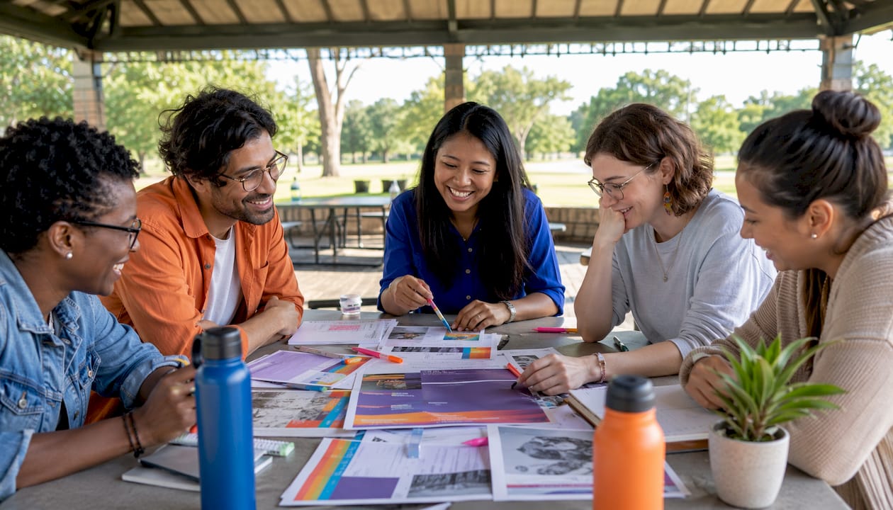 Diverse group discussing LGBTQ+ allyship together