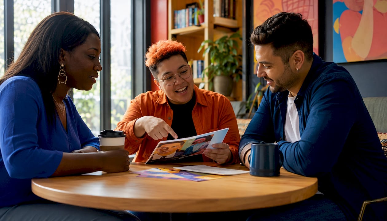 Diverse LGBTQ+ professionals collaborating at community center