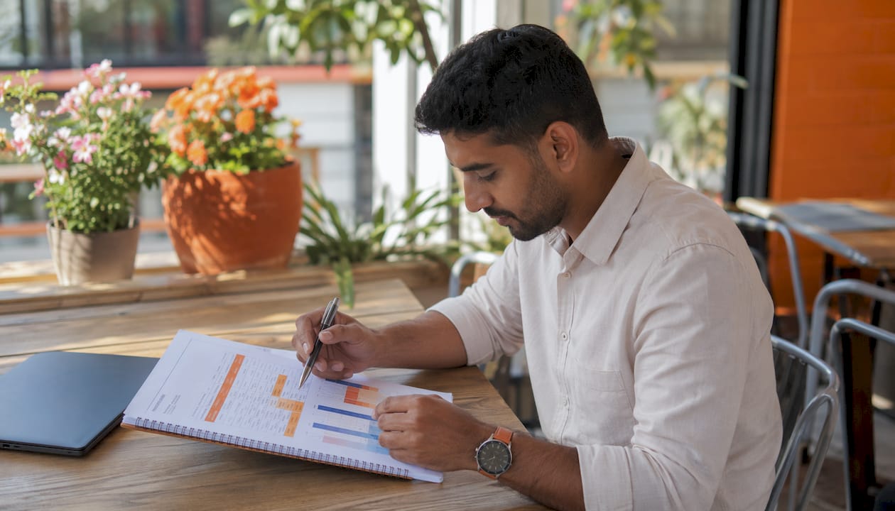 Hands annotating HR metric formulas workbook