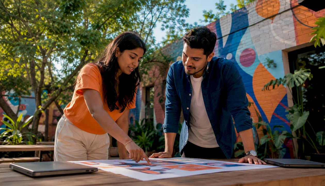 Two young professionals reviewing recruitment materials