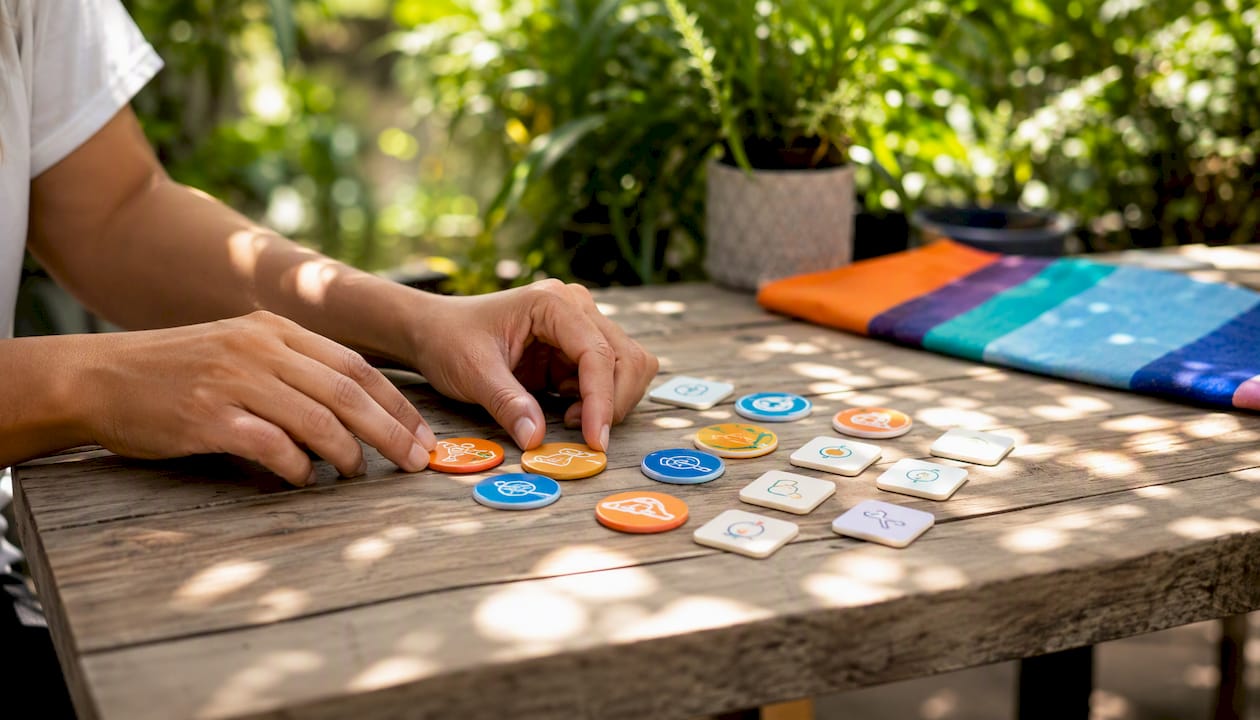 Hands arranging skill certification badges on desk
