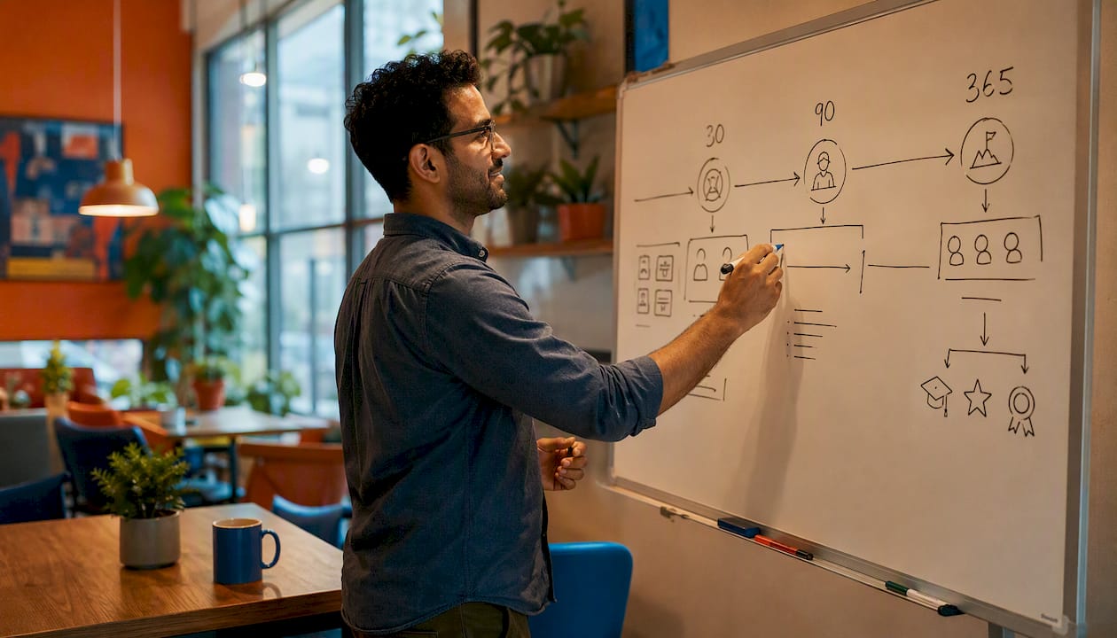 Hands drawing career advancement roadmap on whiteboard