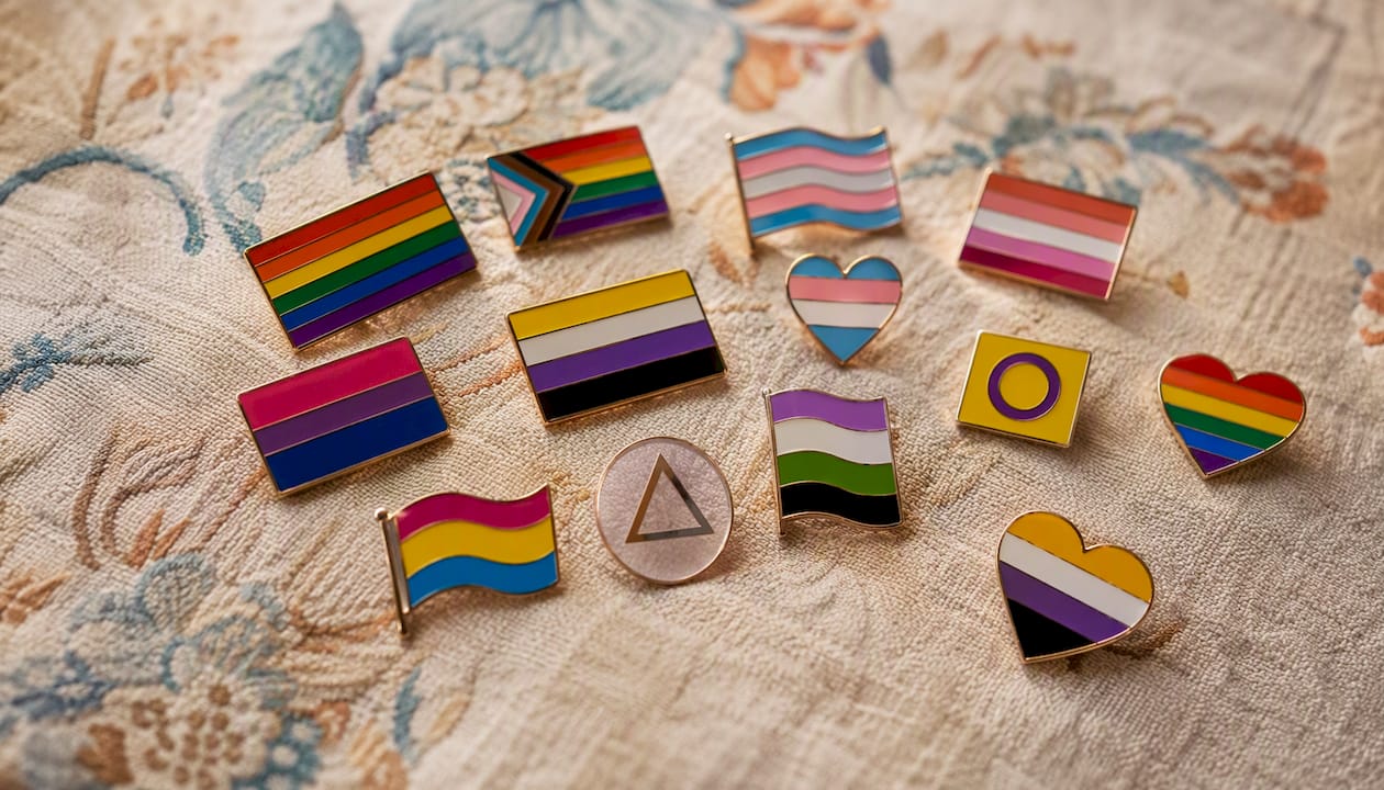 Colorful pride pins on fabric surface