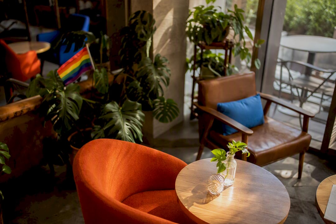 Inclusive workplace lobby with pride decor
