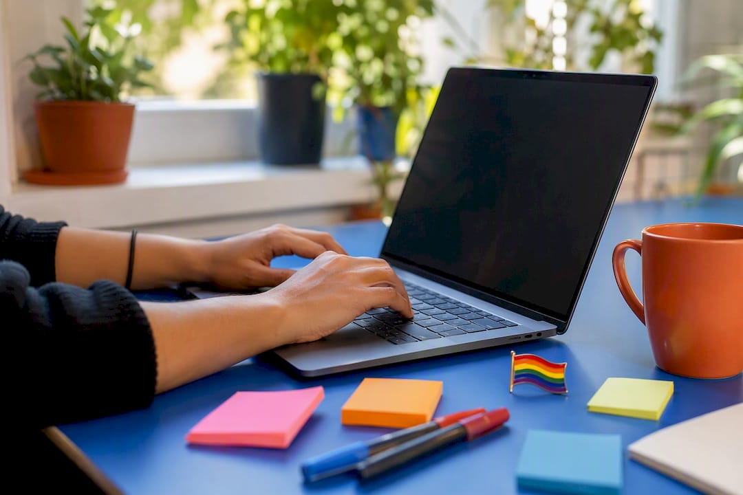 Hands typing on laptop with pride pin