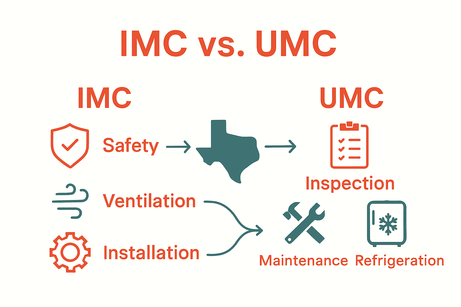 Infographic comparing IMC and UMC mechanical codes with icons and callouts.