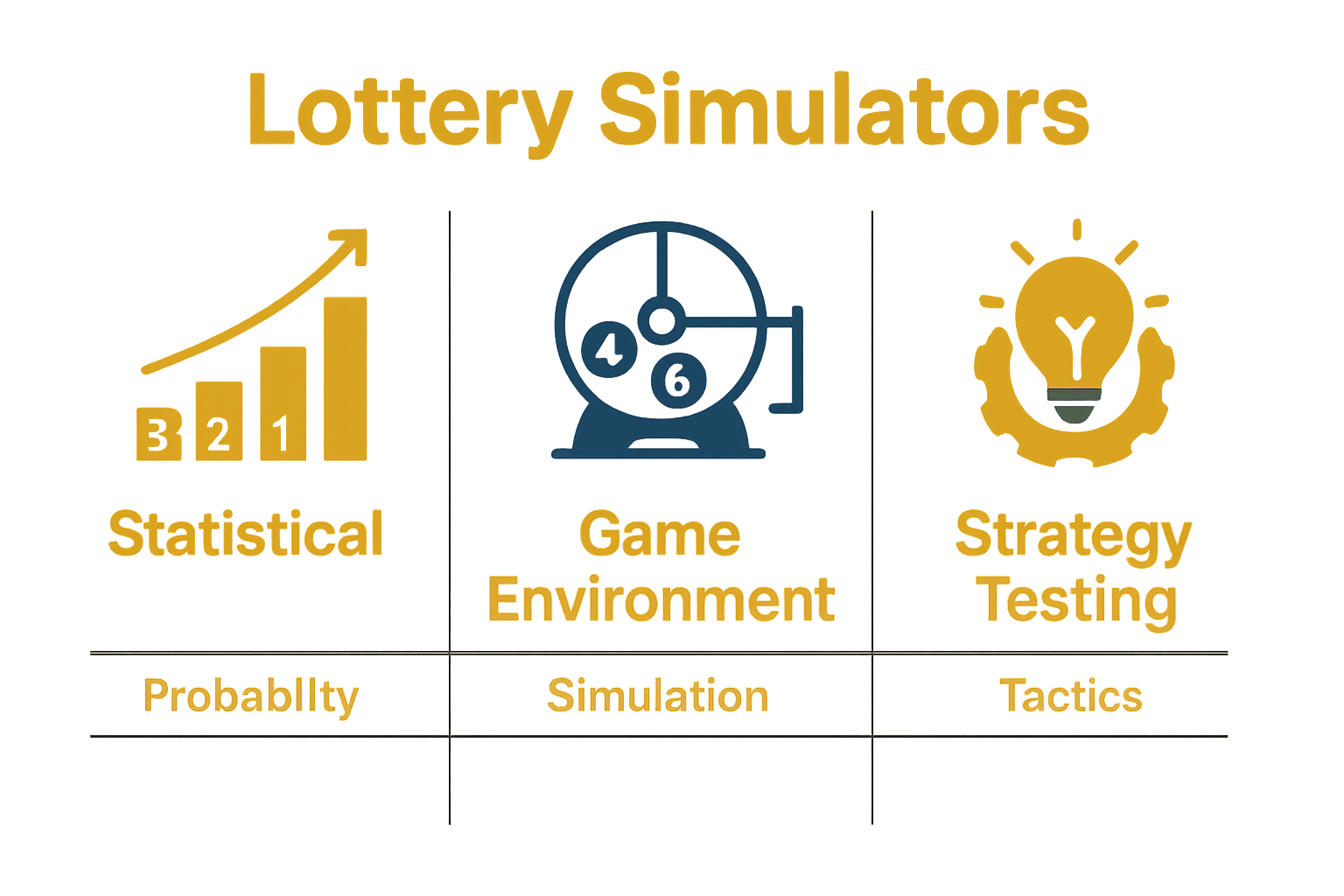 Infographic comparing three types of lottery simulators with icons.